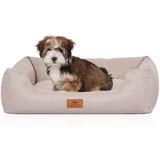 Knuffelwuff Hundebett Emma aus Velours mit feinem Handwebcharakter in Pastellfarben beige M-L