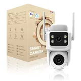 ZELURXX 4MP Dual-Lens WLAN IP Kamera Outdoor, Nachtsicht, IP65, Bewegungserkennung, 2-Wege-Audio, PTZ, Fernsteuerung, ONVIF, 128GB - Weiß