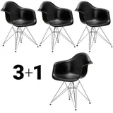 Vitra Stuhl Eames Plastic Armchair RE 83x63x59 cm Gestell verchromt, Sitz tiefschwarz silber, 4 Stück, Designer Charles & Ray Eames