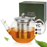 YC Yang Chai Teekanne mit Siebeinsatz 800ml - Teekanne Glas - Teekanne mit Sieb aus 304 Edelstahl - Hitzefest und Mikrowellenbeständig - Teekanne mit Sieb herausnehmbar - 100% Tropffrei