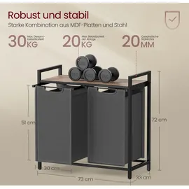 VASAGLE Wäschekorb 2 Fächer, mit Ablage, Wäschebox, Wäschesack aus Oxford-Gewebe ausziehbar abnehmbar, 2 x 46 L - Grau/Braun