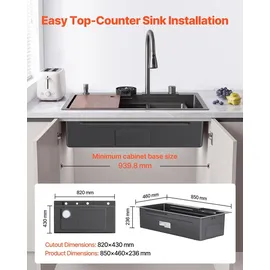Vevor Einbauspüle 850 x 460 x 236 mm, Einbauspülbecken mit Integrierter Stufe, Wasserfallarmatur & Schneidebrett, Einzelbecken Geeignet für Wohnmobil, Vorbereitungsküche, Waschküche & Bar
