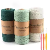 Yozexin 3 Stück Makramee Garn, makramee garn 3mm, Makramee Garn Set Grün Mit 3 Größen von Häkelnadeln, Garn für DIY Handwerk, Weben Dekoration, Hängepflanze Pflanze Aufhänger, 3x100M