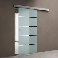 doporro Glasschiebetür Komplettset Softclose 77,5 x 215 cm | 15mm Wandabstand | Schiebetür mit ESG-Sicherheitsglas | Zimmertür Glas mit 5-Milchglas-Streifen mit Muschelgriff | Amalfi-plus 11H