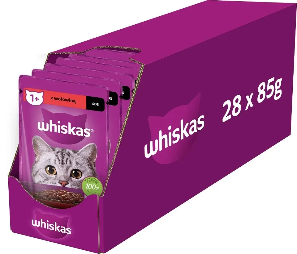 WHISKAS Adult Beutel 28x85g Nassfutter für ausgewachsene Katzen in Sauce mit Rindfleisch