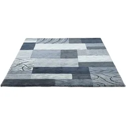 Wollteppich THEKO "Royal Domas 4028", grau (anthrazit), B:300cm H:14mm L:400cm, Schurwolle, Teppiche, Kurzflor, reine Wolle, handgetuftet, modernes Patchwork Design
