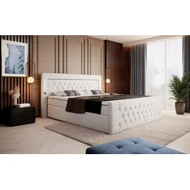 luxusbetten24 Boxspringbett Elegance mit LED, USB und Stauraum Weiß 200 cm x 200 cm