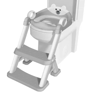 Toilettensitz Kinder mit Treppe, Töpfchen für Kinder, Jungen/Mädchen, WC Sitz Aufsatz Klositz, 2-in-1 Baby Toilettentrainer für Kleinkinder, Höhenverstellbar Toilette mit Tritthocker für Kinder(Grau)