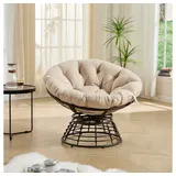 BBWL Sofa 360° Drehbar, ergonomischer Rattan Sessel mit dickem Kissen, Papasan Schaukelstuhl für Wohnzimmer Schlafzimmer Lesen Braun beige