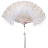 Uposao Damen Fächer Feder,Vintage Stil 20er Jahre Feder Handfächer Faltbar Handheld Marabou Federfächer Damen Gatsby Kostüm Flapper Zubehör für Hochzeit Halloween Karneval, Mottoparty,Weiss