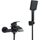 ESIP Badewannenarmatur Matt Schwarz Wannenbatterie Wasserfall Badewanne Wasserhahn Messing Wandhalterung Wannenarmatur Mit Abs Handbrause, Einzelgriff Heiß und Kalt