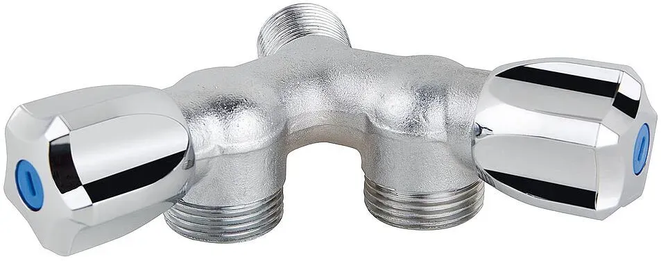 Doppel Y-Waschmaschinenhahn verchr. sandgestr., 3/4''x1/2''x3/4'' AG 2 Zapfstellen m. Rückflussverh.