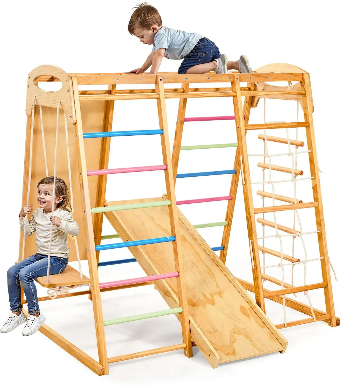 VEVOR Indoor Spielplatz Klettergerüst (7 in 1) aus Holz, 113 kg belastbares Montessori-Kletterspielzeug-Set mit Schaukel/Klettergerüst/Rutsche/Holzleiter/Strickleiter/Kletternetz/Fels