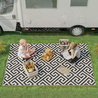 Outsunny Outdoor-Teppich, Kunststoffteppich mit Doppelseitigem Design, Wasserabweisender Balkonteppich, für Terrasse, Camping, Schwarz+Weiß, 152 x 243 cm