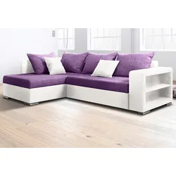 Ecksofa COLLECTION AB "John L-Form", lila (weiß, lila), B:226cm H:80cm T:160cm, Sofas, Regalarmlehne,Bettfunktion,Bettkasten,Ottomane beiseitig montierbar