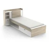 Demeyere Lit Modulable 90 x 190/200 Avec Rangement 1 Porte 3 Niches 1 tiroir – Blanc Mat und Chêne Clair -124,5 x 226,9 x 90,5 cm