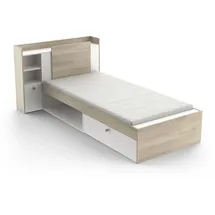 Demeyere Lit Modulable 90 x 190/200 Avec Rangement 1 Porte 3 Niches 1 tiroir – Blanc Mat und Chêne Clair -124,5 x 226,9 x 90,5 cm