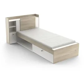 Demeyere Lit Modulable 90 x 190/200 Avec Rangement 1 Porte 3 Niches 1 tiroir – Blanc Mat und Chêne Clair -124,5 x 226,9 x 90,5 cm