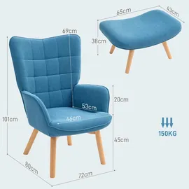 Homcom Ohrensessel mit Hocker Cord 72 x 95 x 70 cm Blau