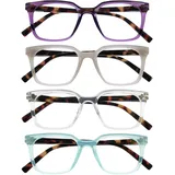 OPULIZE KOI Lesebrille 4er Pack - Große Rechteckige Fassung - Violett-Grau-Durchsichtig-Aqua - Damen Herren Unisex - Federscharniere - RRRR50-57CQ - +3.00