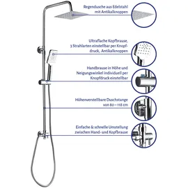 Marwell Bayala Square mit Regendusche 20x20 cm Duschgarnitur mit verstellbarer Haltestange Handbrause mit 3 Strahlarten