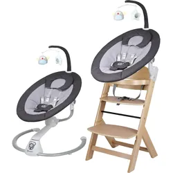 Hochstuhl BABYGO "Family Homey Set, natur/dunkelgrau", Baby, beige (natur, dunkelgrau), Stühle Hochstuhl, mit elektrischer Babywippe inkl. Spielbogen