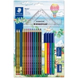 Staedtler 61 SET42 - Mäppchen Set mit Lineal und Zeichendreieck, Weiss/opulenter Garten