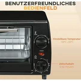 Homcom Mini Backofen 10 L 750W 100-230°C 60 Min. Timer mit Temperatur bis zu 230 °C Minuten Backblech, und Herausnehmbarer Bodenschale, Pizza-Ofen, Schwarz