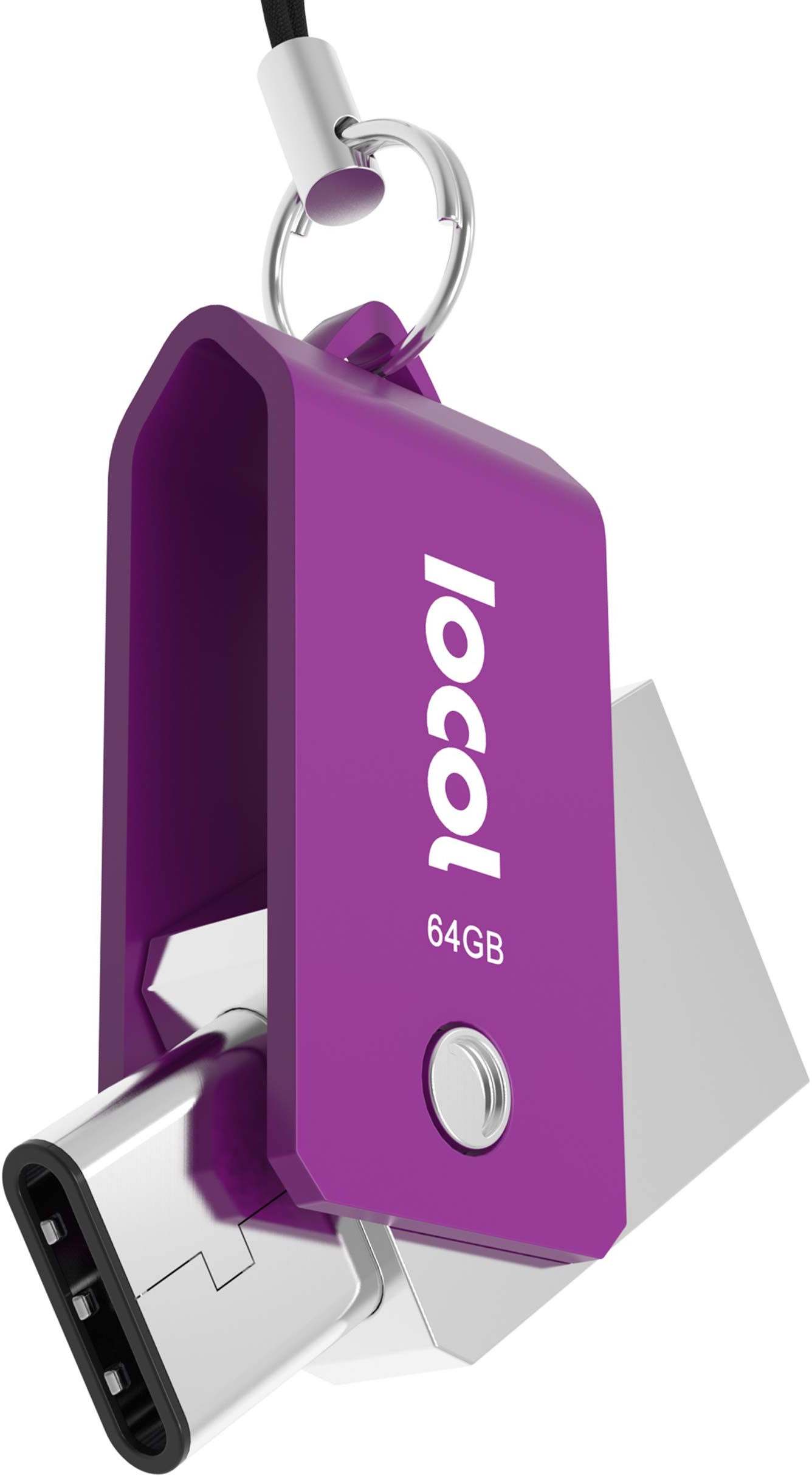 Iocol Twister USB C Stick 64GB Dual - 2 in 1 Funktion > Mini USB 3.0 & Type C < Wasserdicht & Klein - Swivel drehbar aus Metall Ideal für Schlüssel-Anhänger - 64 GB Flash Drive Speicherstick in Lila