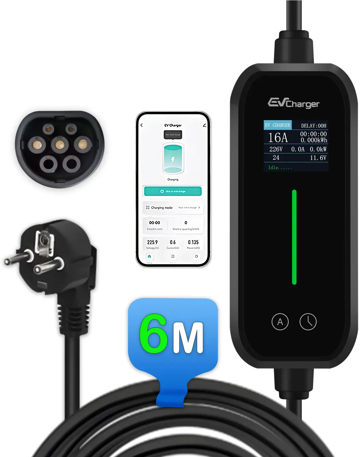 Junsun EV Ladegerät Elektroauto Ladekabel Typ 2 6-16A 3.5KW/11KW APP-Steuerung - 1-Phasig - 3.5KW - 6M - Mit APP-Steuerung