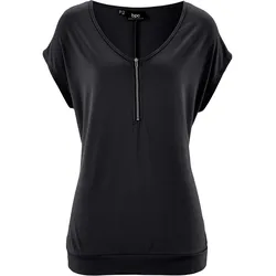 bonprix Shirt mit Reißverschluss Kurzarm, schwarz, 48/50 (XL), Viskose
