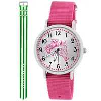 Pacific Time Kinder Armbanduhr Mädchen Junge Pferd Kinderuhr Set 2 Textil Armband rosa + grün Weiss analog Quarz 10557