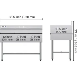 Vevor Spülbecken mit 3 Becken & Spritzschutz 978 x 470 x 838 mm Silber