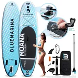 Bluemarina SUP-Board Aufblasbares Bluemarina SUP Board Moana inkl. 5 J. Garantie, Stand Up Paddle Board, (15 cm dick, 3 PVC Schichten, max 180 kg), Paddling board, Paddelboard, Surfboard, (D-Ringe - UV Resistentes PVC - Transportrucksack - Wasserabweisend - Rocker-Profil - 3-Finnen System - Rutschfest, bis 130 kg - Double Layer - 3-Finnen - Action-Cam-Halterung), Surfbrett - Surfboard - Paddelboard - Stand Up Paddle blau|schwarz 305x75x15 | 305 cm