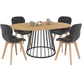 Set Ausziehbarer Runder Esstisch Yuna Mit Holzplatte Und Metalldrahtfuß 110-150 Cm Und 4 Stühlen Robine Aus Schwarzem Pu