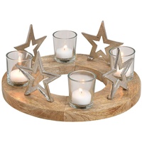 Levandeo® Adventskranz, Adventskranz ø30cm Mango Holz Silber Natur Kerzenhalter Sterne
