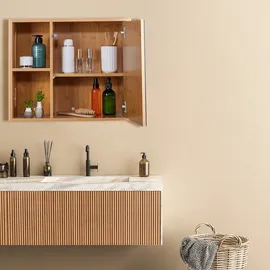 Relaxdays Spiegelschrank, 2 offene Fächer, mit Spiegeltür, H x B x T: 45 x 54,5 x 20 cm, Badezimmer Hängeschrank, natur