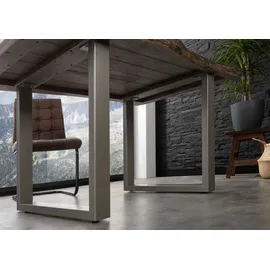 MASSIVMOEBEL24.DE Baumtisch Akazie 140x90x77 grau lackiert / U-Beine silber matt FREEFORM 5