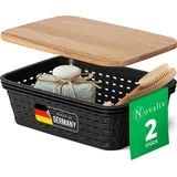 Novaliv 2er Set Eleganter Aufbewahrungskorb mit Holzdeckel in Rattan-Optik | Schwarz Lebensmittelecht Kunststoff 1L – Perfekt für Bad & Kleidung...