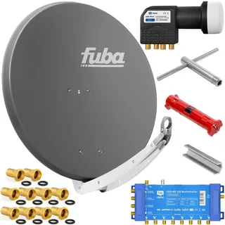 Fuba 8 Teilnehmer Digital SAT Anlage 85cm Schüssel DAA850A Anthrazit + hb-digital UHD 414 S Quattro LNB 0,1dB HDTV 4K + UHD-MS 5/8 Multischalter + Aufdreh-Set + 24 vergoldete F-Stecker Gratis dazu