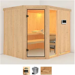 Sauna KARIBU "Frigga 3", beige (naturbelassen), Bio-Kombiofen, externe Steuerung, 9 kW, Saunen, 9-kW-Bio-Ofen mit externer Steuerung