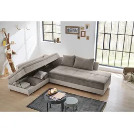 luma-home Ecksofa-Dauerschläfer, Doppelbett 306/223/95 cm Boxspring Federkern Ecksofa 306x223 Dauerschläfer, Bettkasten, Regal, Schwenkteil rechts, Kunstleder Beige+Mikrofaser Grau Braun, Beige