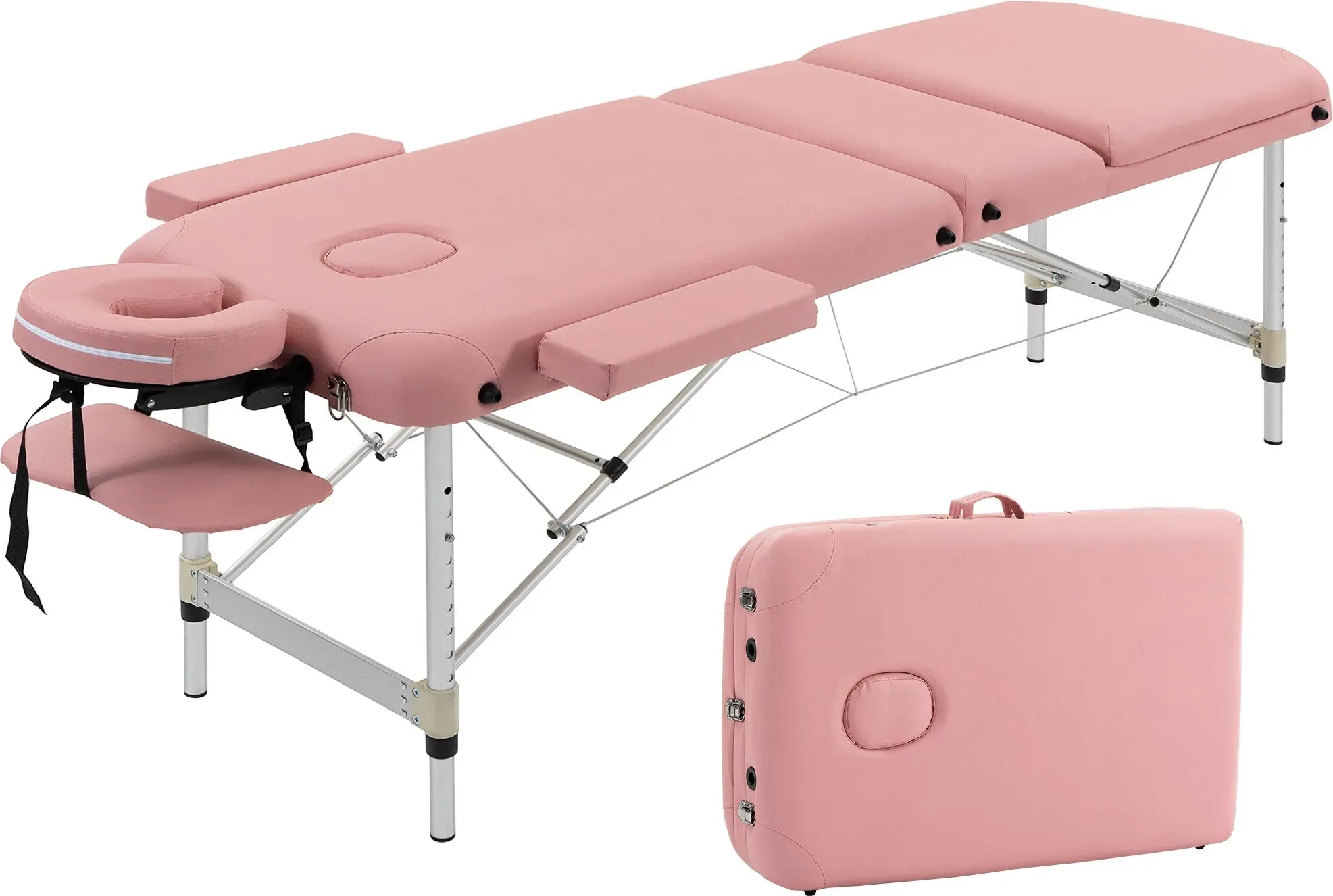 HOMCOM Klappbare Massageliege Tragbar Kosmetikliege Professionell Aluminium 3-Zonen mit Rückenlehne Höhenverstellbar 9 Stufen Abnehmbare Kopfstütze Armauflage Tragetasche 215x81 cm Rosa   Aosom