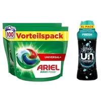 Ariel Waschmittel Pods All-in-1, 100 Waschladungen, Universal+, Kraftvolle Fleckentfernung ab der 1. Wäsche + Lenor Unstoppables Fresh Wäscheparfüm 495g, Frische Für Alle Textilien