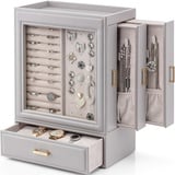 Vlando Schmuckaufbewahrung Schmuckschrank 5 Ebenen, Schmuckkasten mit Glasdeckel, Schmuckkästchen Groß, Seitliche Schubladen, Vertikale Jewelry organizer, Modern Schmuck Organizers Grau