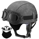 Deutsche Leder Motorrad Halbhelme mit ECE, Vintage Helme mit Schutzbrille, Jethelm Retro, Chopper Helm, Scooter-Helm, Fahrradhelm, mit Sonnenblende und Herausnehmbares Innenfutter