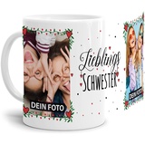 Tasse - Lieblings-Schwester - zum selbst Gestalten mit zwei Fotos - Fototasse für die Schwester - Keramik, Weiß, 300 ml