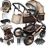 KIDUKU KIDUKU® 3 in 1 Kombi Kinderwagen Braun/Gold Buggy Reisebuggy inkl. Auto- Babyschale Faltbar ECE R129 - Braun