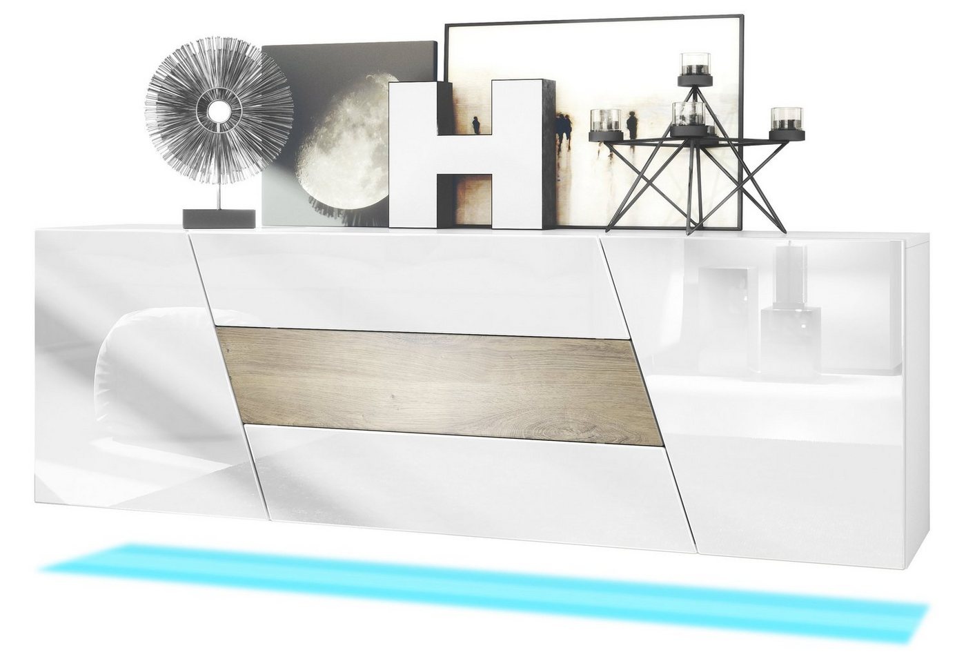 Vladon Sideboard Houston (hängende Kommode, mit 2 Türen und 3 Schubladen inkl. LED-Beleuchtung), Weiß matt/Weiß Hochglanz/Eiche Ribbeck (178 x 57,5 x 38,5 cm) braun