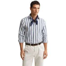 GANT Herren Hemd - Regular Cotton Linen Stripe Shirt, Leinen-Baumwoll-Mix, gestreift Blau L